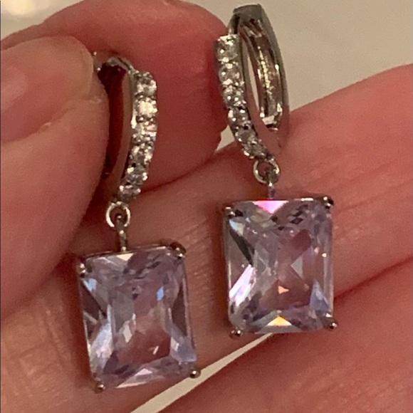 Sapphire Square Huggie Hoop Drop Earrings - Picture 1 of 5